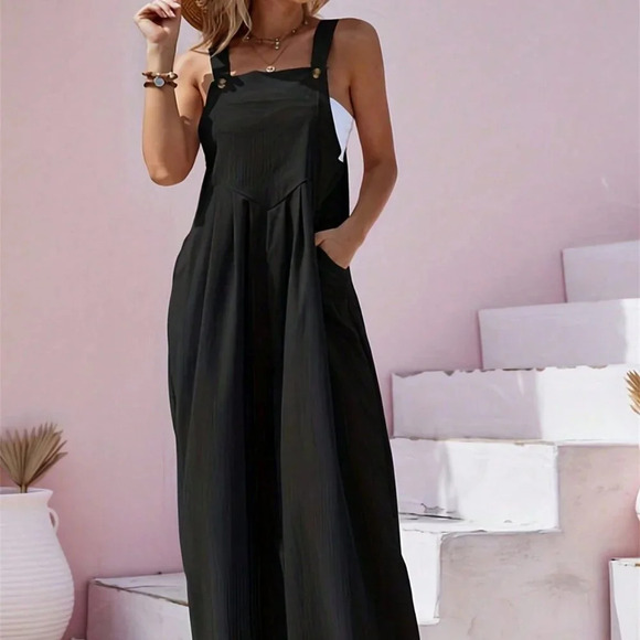 Black Casual Women's Button Pocket Strap Jumpsuit Wide Leg Pants - Picture 3 of 3